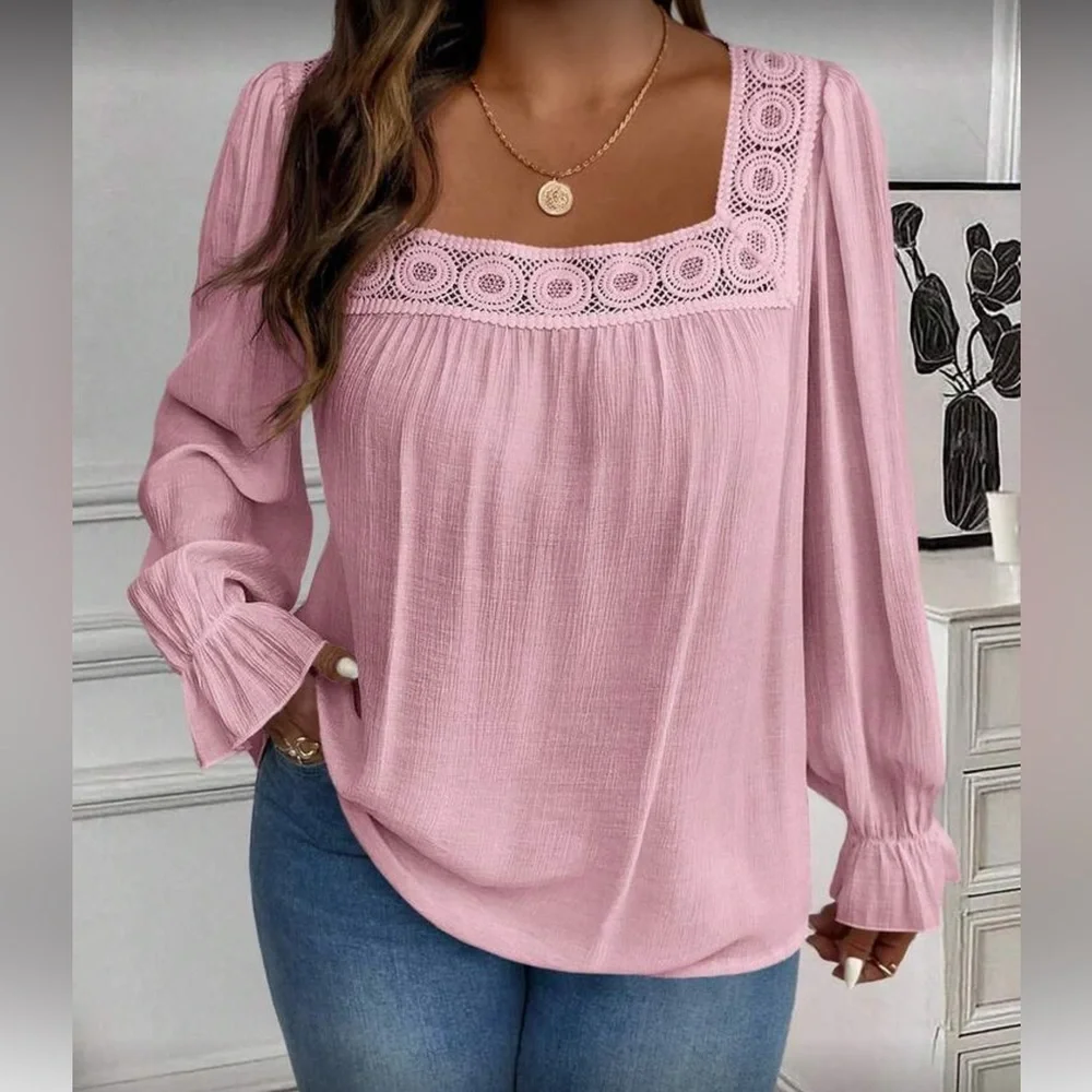 Elegant Pink Lace Trim Women's Top